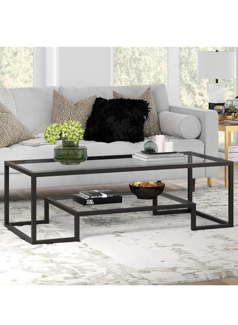 LINGWEI Coffee Table with Clear Glass Self Snack Table Metal Coffee Table with Clear Glass Dining Table Black - Image 1