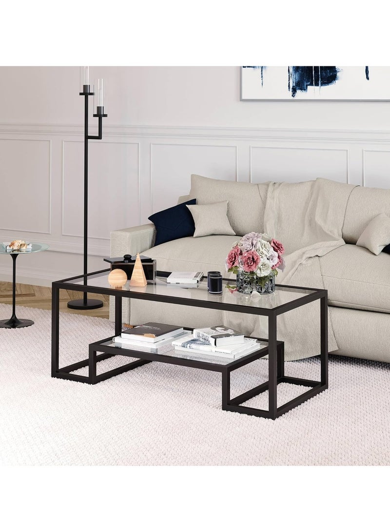 LINGWEI Coffee Table with Clear Glass Self Snack Table Metal Coffee Table with Clear Glass Dining Table Black - Image 2