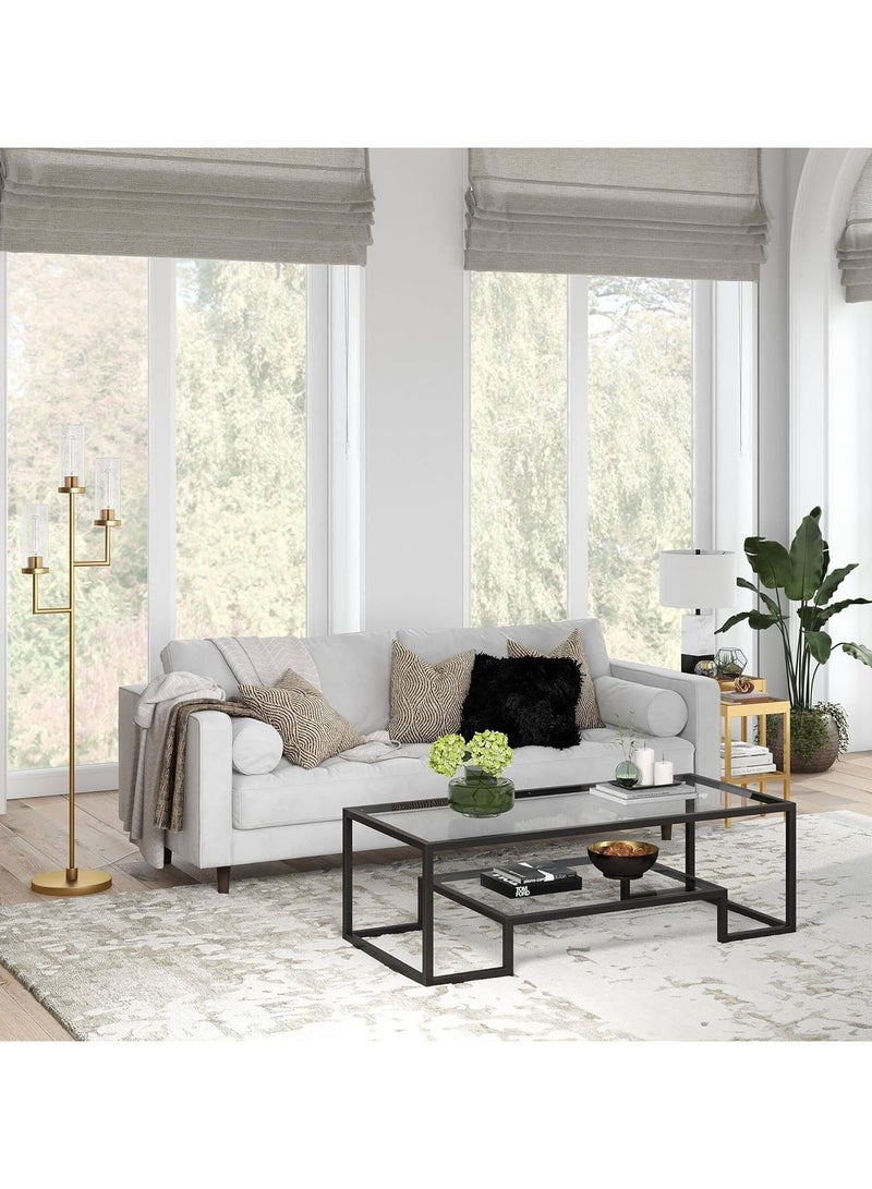 LINGWEI Coffee Table with Clear Glass Self Snack Table Metal Coffee Table with Clear Glass Dining Table Black - Image 3