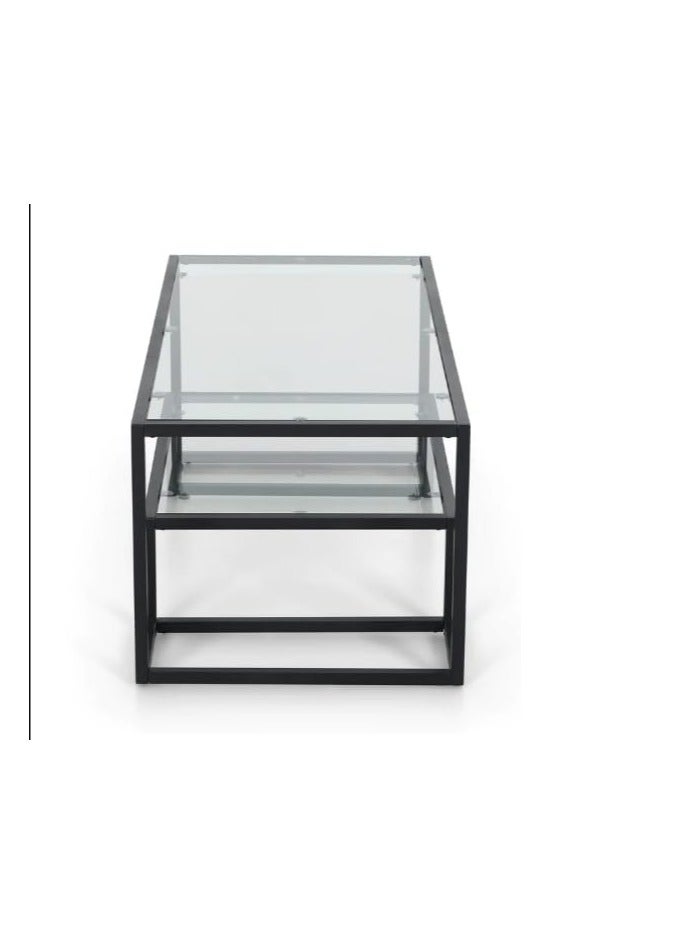 LINGWEI Coffee Table with Clear Glass Self Snack Table Metal Coffee Table with Clear Glass Dining Table Black - Image 4