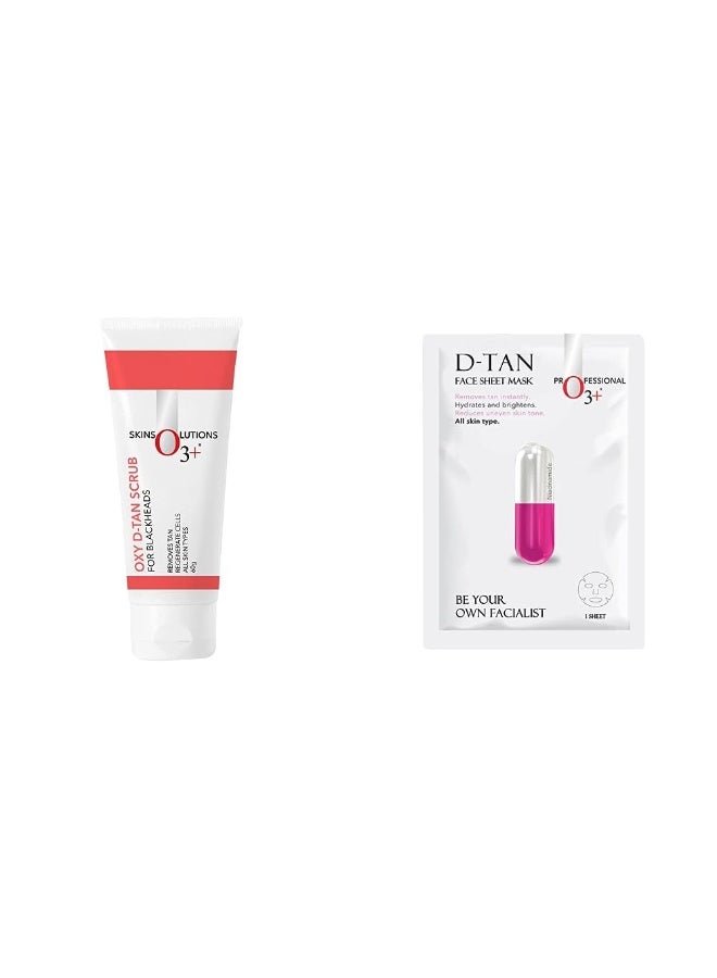 O3+ Oxy D-Tan Scrub 60g for Blackheads & Glowing Skin & O3+ Facialist Dtan Face Sheet Mask (30g) Combo - Image 1