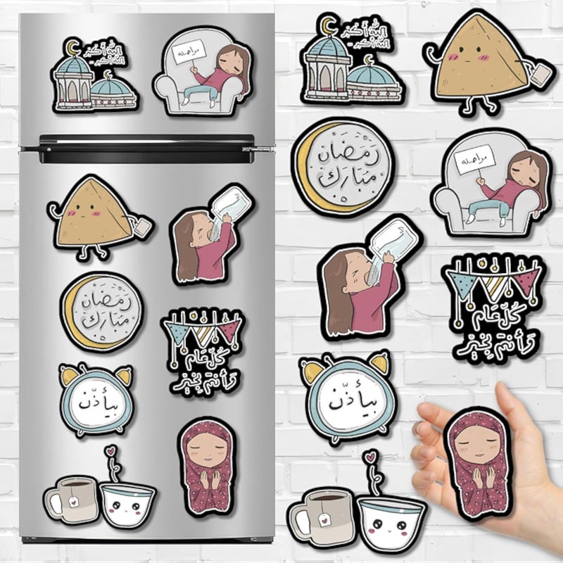 مغناطيسات تزيين الثلاجة لرمضان - زينة مغناطيسية لرمضان بتصميمات الهلال والفانوس - مغناطيسات رمضان مبارك قابلة لإعادة الاستخدام للثلاجة والأبواب - مجموعة مغناطيسات تزيين رمضان باللون الأسود