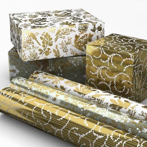 Hallmark Gold Foil Wrapping Paper Mini Rolls 3Pack Shiny Gold Filigree and Foliage on Ivory and Mint Green for Christmas Hanukkah Valentines Day Mothers Day Weddings 40 Sq Ft Total - Image 1