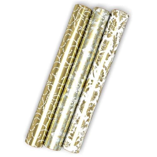Hallmark Gold Foil Wrapping Paper Mini Rolls 3Pack Shiny Gold Filigree and Foliage on Ivory and Mint Green for Christmas Hanukkah Valentines Day Mothers Day Weddings 40 Sq Ft Total - Image 3