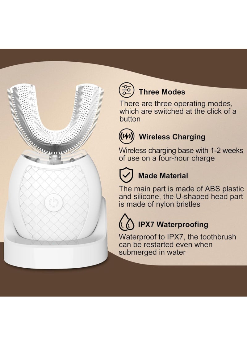 فرشاة الأسنان الكهربائية الأولى على شكل حرف U للبالغين  فرشاة أوتوماتيكية بالموجات فوق الصوتية بزاوية 360 درجة مع 3 أوضاع، قابلة لإعادة الشحن، مقاومة للماء بدرجة IPX7، مصنوعة من السيليكون الآمن غذائيًا، معتمدة من CE وFCC وRoHS - Image 2