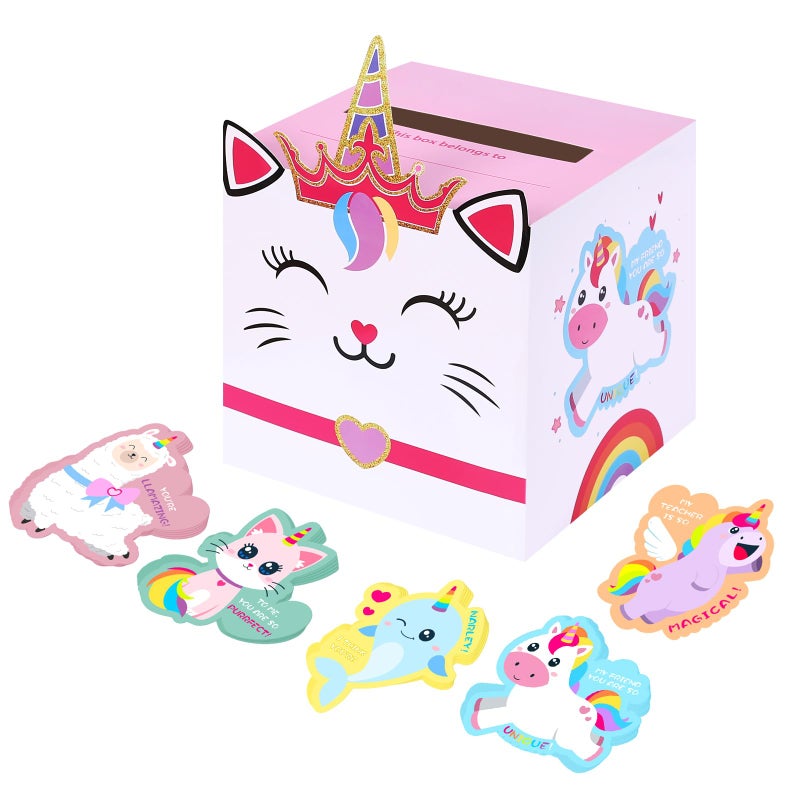 BAODLON Valentine Boxes for Kids - Unicorn Valentine Day Cards for Kids School Classroom Party Favor Boys Girls Gifts Exchange & Greeting, Include 1 Mailbox, 32 Valentine Cards, 1 Teacher Card - Image 1