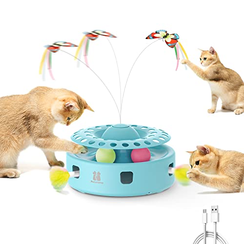 Potaroma Cat Toys 3in1 Automatic Interactive Kitten Toy Fluttering Butterfly Random Moving Ambush Feather Track Balls Dual Power Supplies USB Powered Indoor Exercise Cat Kicker Blue - Image 1
