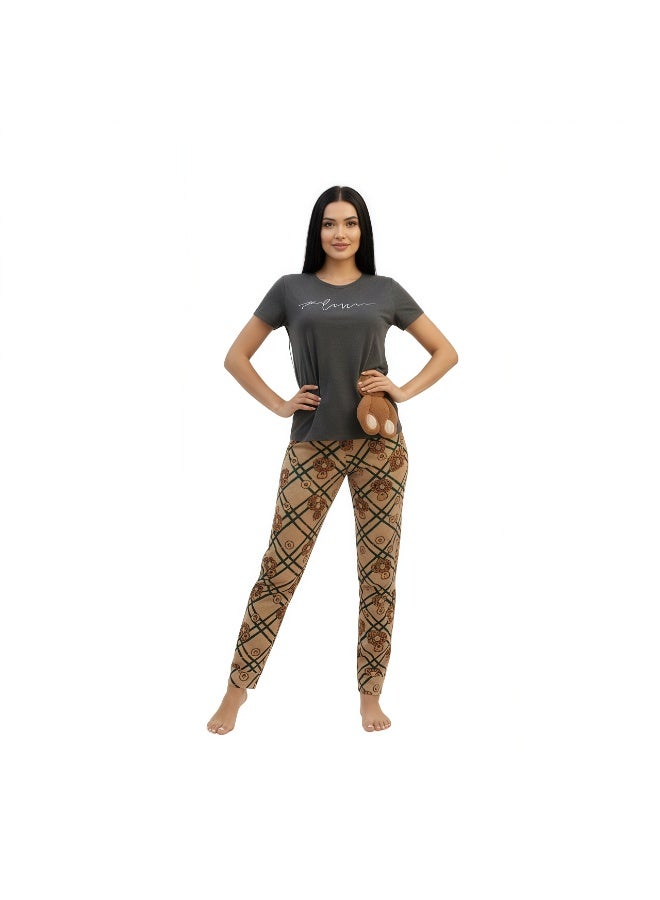 JOANNA Women's Love Print Short Sleeve Shirt & Long Pants Pajama Set, Grey - Image 2