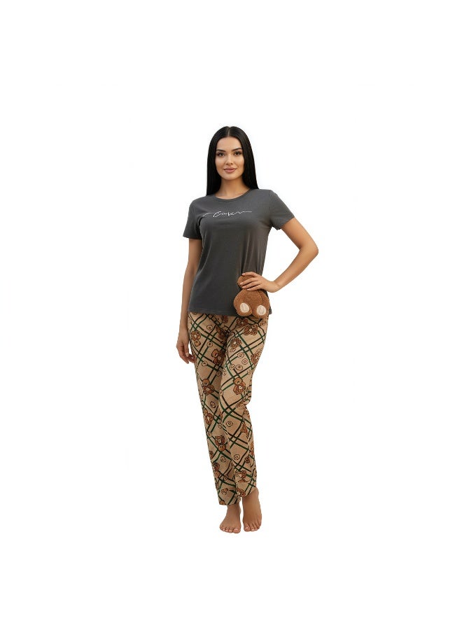 JOANNA Women's Love Print Short Sleeve Shirt & Long Pants Pajama Set, Grey - Image 4