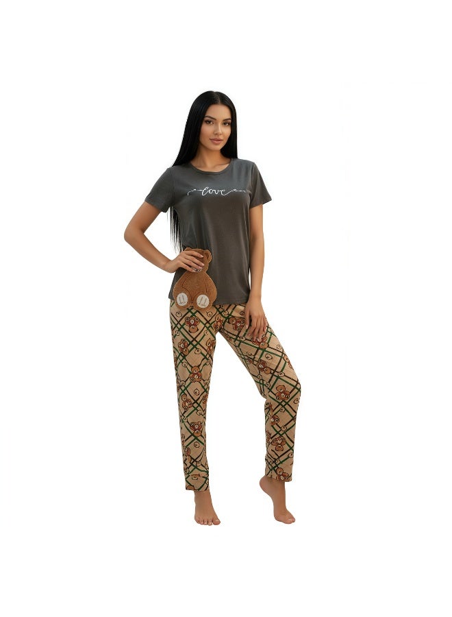 JOANNA Women's Love Print Short Sleeve Shirt & Long Pants Pajama Set, Grey - Image 3