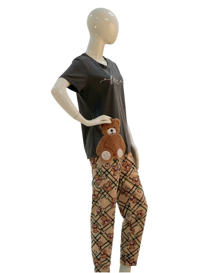 JOANNA - JOANNA Women's Love Print Short Sleeve Shirt & Long Pants Pajama Set, Grey - Image 1
