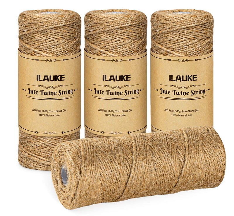 ilauke Jute Twine Total 1300 Feet Natural Christmas Jute String 2mm 3 Ply Art Craft Garden Twine Jute Rope for Floristry DIY Gift Packing Gardening Bundling and Wedding Decorating