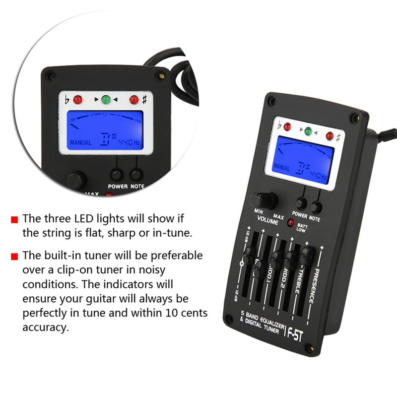 KooingTech Acoustic Guitar Preamp, F5T 5Band Equalizer Pickup Guitar Preamp, Electric Guitar Pickup Tuner with Lcd Display for Guitar Volume Control - Image 2