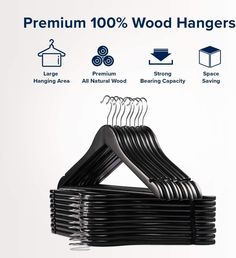 MOONCEE 30 PCs Black Wooden Hangers - Non Slip Wood Clothes Hanger for Suits, Pants Hanger, Clothes Organizer 360° Swivel Hook Heavy Duty Clothing Hanger Set - Coat Hangers for Closet (Black-30 Pack) - Image 4