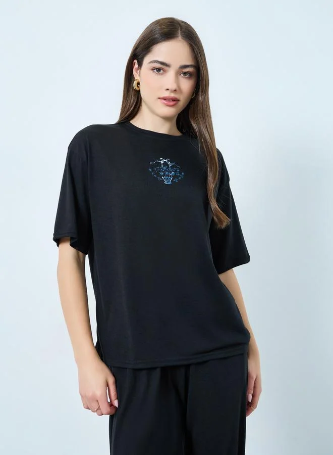 Styli Black Printed T-Shirt and Wide Leg Pants Co-Ords