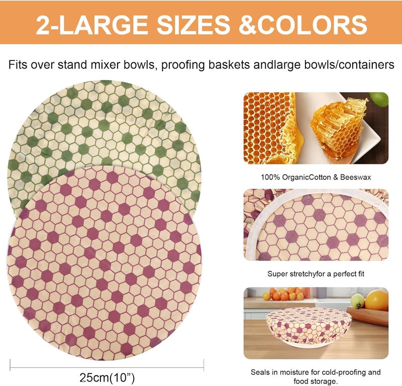 BERBAM Reusable Bowl Covers for Bread Proofing（2 Large）- Cotton Beeswax Bowl Covers Reusable with Elastic Rim, Sourdough Bowl Cover for Food Storage and Food Preservation (10INCH) (honeycomb) - Image 2