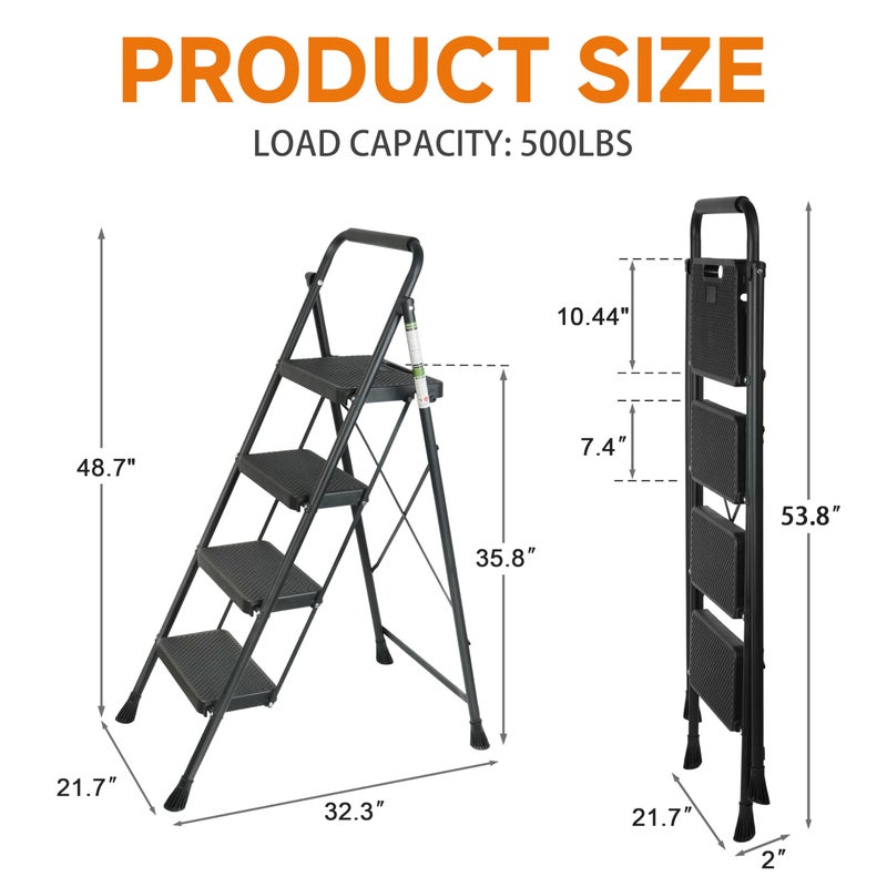 Arbusb Step Ladder, Folding Step Stool with Wide Anti-Slip Pedals, Sturdy Steel Ladder with Handrail, Space-Saving, Portable for Home & Adults, 4 Step Ladder - Image 2