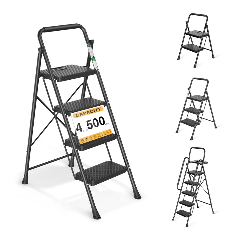 Arbusb Step Ladder, Folding Step Stool with Wide Anti-Slip Pedals, Sturdy Steel Ladder with Handrail, Space-Saving, Portable for Home & Adults, 4 Step Ladder - Image 1
