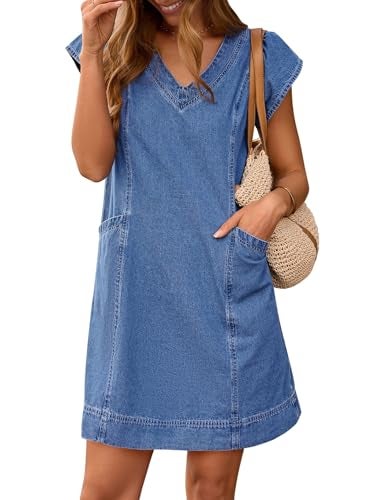 Pink Queen Denim Short Dresses Women Spring Summer Vacation Short Sleeve Casual Dress Beach Holiday Jean Shirts Women with Pockets Blue XL - Image 1