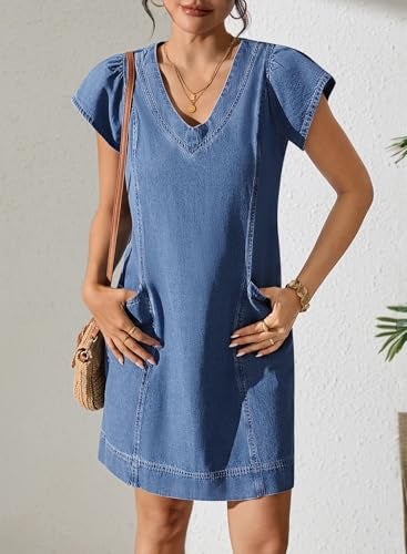 Pink Queen Denim Short Dresses Women Spring Summer Vacation Short Sleeve Casual Dress Beach Holiday Jean Shirts Women with Pockets Blue XL - Image 2