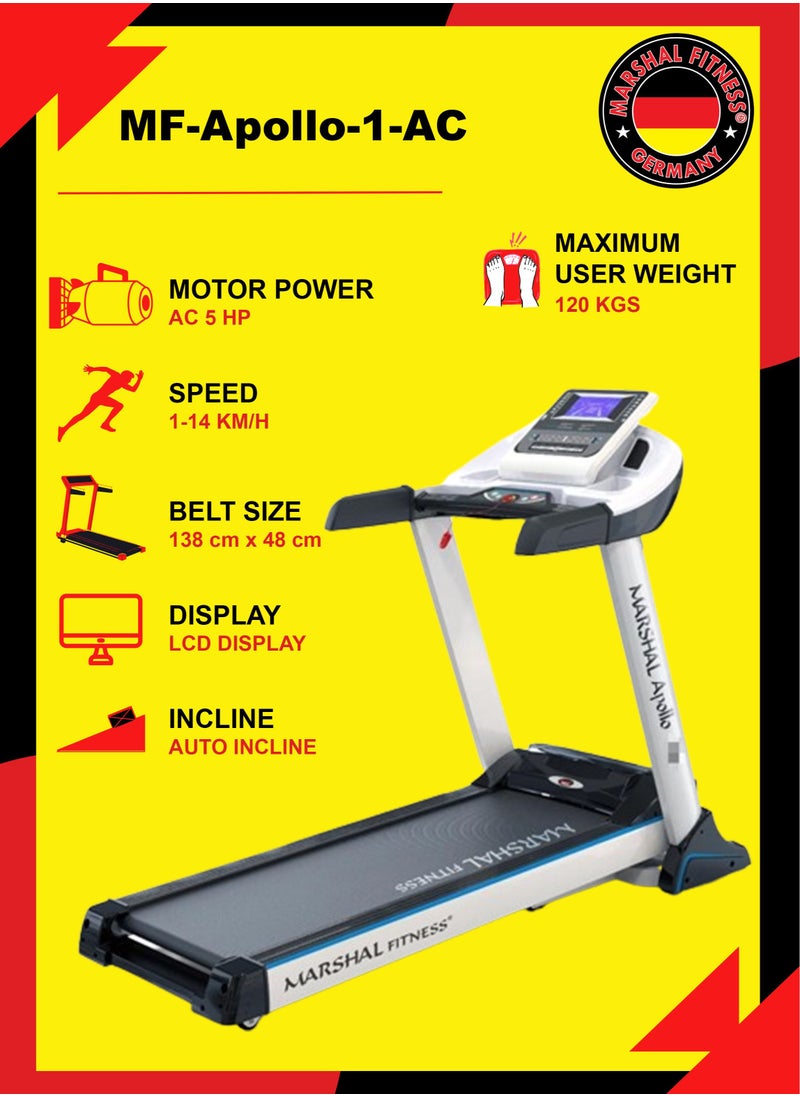 Marshal Fitness - MF-APOLLO-1-AC LCD Display Auto Incline Low Noise 5 HP AC Motor Foldable Treadmill with Shock Absorption MP3 Bluetooth USB and Speaker For Home Use - Image 1