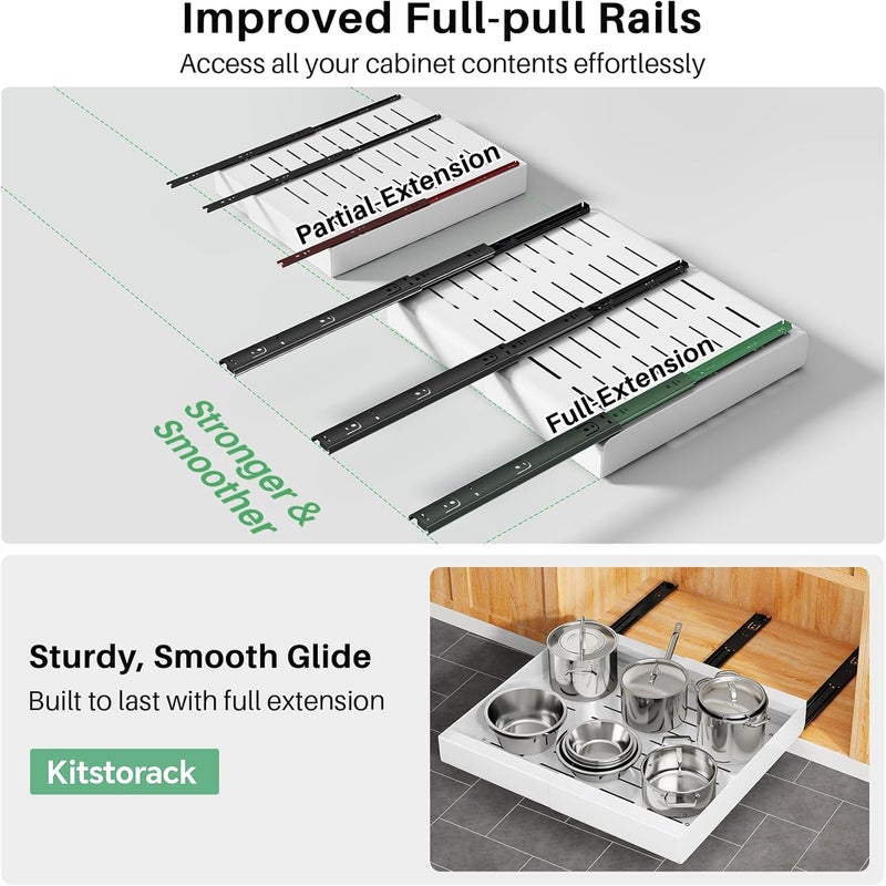 Kitstorack Pull out Cabinet Organizer, Wider Expandable(14"-24") Heavy Duty Slide out Drawers Fixed with Adhesive Nano Film for Pots, Roll out Shelf Storage for Kitchen Cabinet Organization(White-1pc)(3 Rails) - Image 4