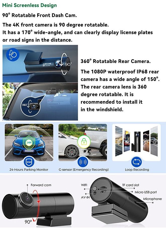 أزدوم - كاميرا داش - 4K أمامية وخلفية بدقة 1080 بكسل - مدمجة بشبكة WiFi و GPS والتحكم الصوتي - كاميرا سيارة مع رؤية ليلية وشاشة لركن السيارة - Image 1