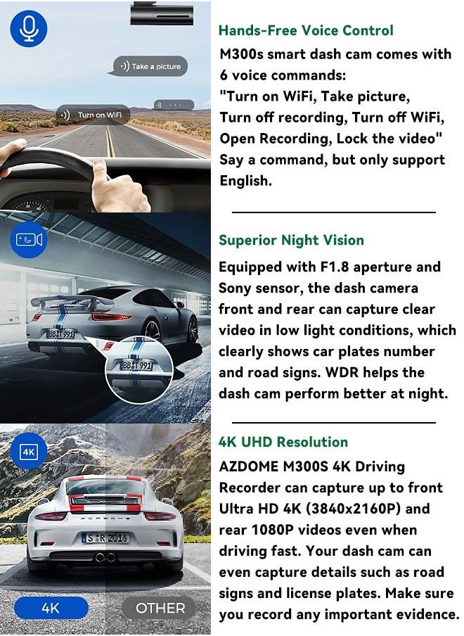 أزدوم - كاميرا داش - 4K أمامية وخلفية بدقة 1080 بكسل - مدمجة بشبكة WiFi و GPS والتحكم الصوتي - كاميرا سيارة مع رؤية ليلية وشاشة لركن السيارة - Image 1