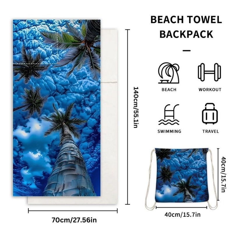HOMETIC HOMETIC Beach Towel Backpack 2 in 1 Folding Custom Printing Convertible Beach Towels Tote Bag Quick Dry Microfiber Sand Free Lightweight Large Swimming Towel (Blue Palm Tree, 140 x 70 cm)  - Image 5