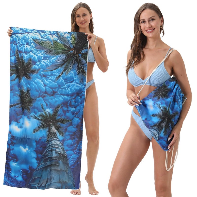 HOMETIC HOMETIC Beach Towel Backpack 2 in 1 Folding Custom Printing Convertible Beach Towels Tote Bag Quick Dry Microfiber Sand Free Lightweight Large Swimming Towel (Blue Palm Tree, 140 x 70 cm)  - Image 4
