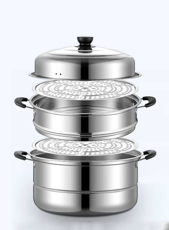 Monda 3 Layer Stainless Steel Steamer Pot – 30cm Multi-Tier Cooking Pot, Induction Gas Compatible Grill Stove, Dishwasher Safe, Heat Resistant with Durable & Comfortable Handles Silver - Image 1