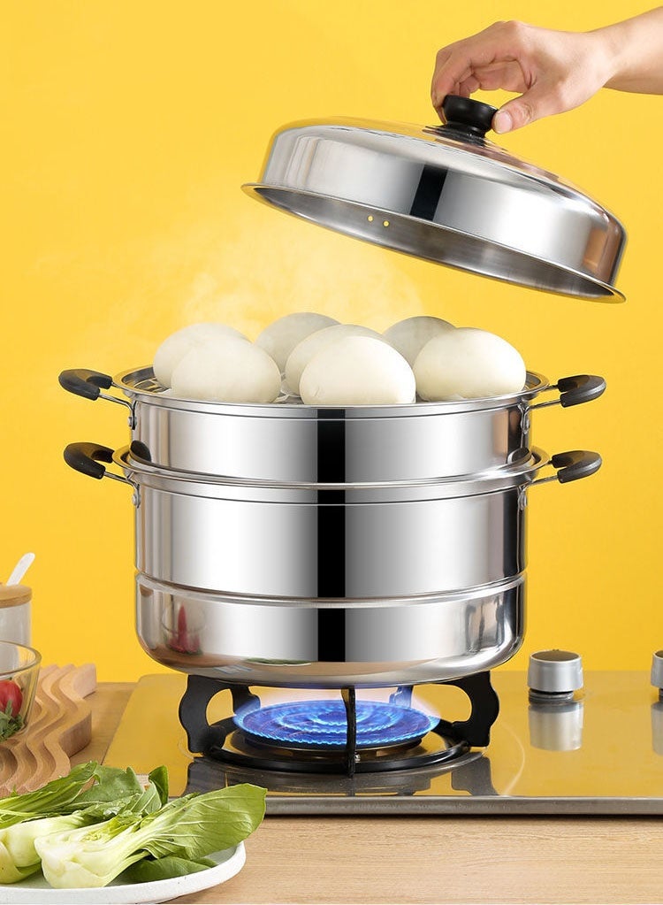 Monda 3 Layer Stainless Steel Steamer Pot – 30cm Multi-Tier Cooking Pot, Induction Gas Compatible Grill Stove, Dishwasher Safe, Heat Resistant with Durable & Comfortable Handles Silver - Image 3