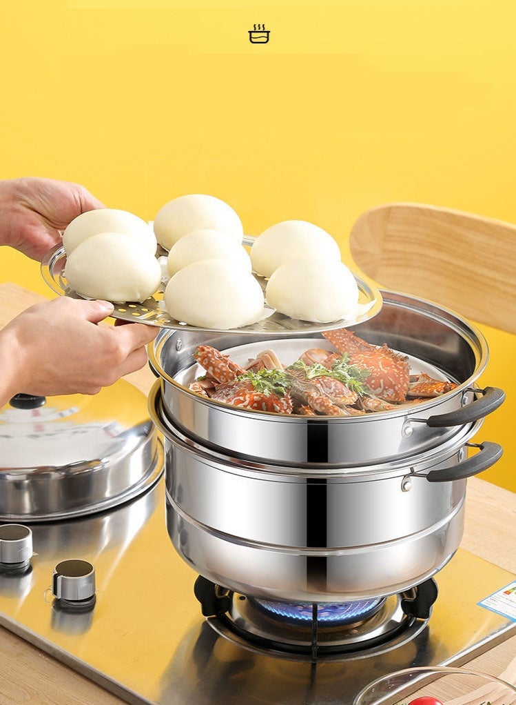 Monda 3 Layer Stainless Steel Steamer Pot – 30cm Multi-Tier Cooking Pot, Induction Gas Compatible Grill Stove, Dishwasher Safe, Heat Resistant with Durable & Comfortable Handles Silver - Image 2