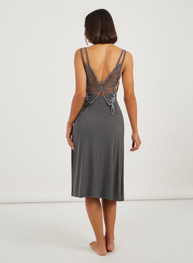 Styli Lace Butterfly Back Detail Ribbed Slip Dress  - Image 1