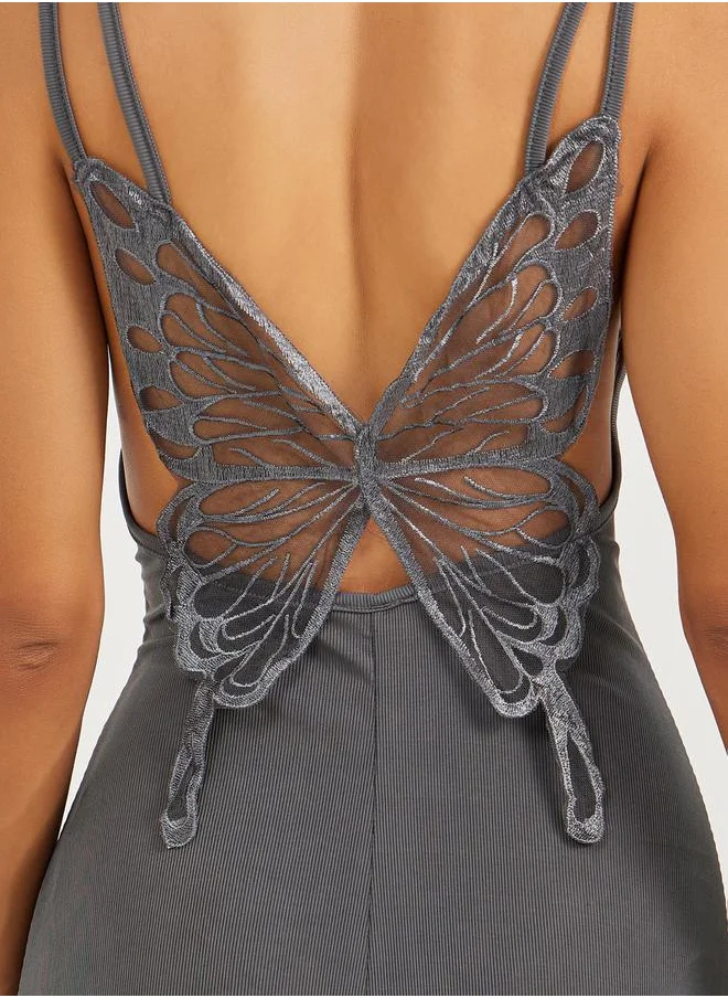 Styli Lace Butterfly Back Detail Ribbed Slip Dress