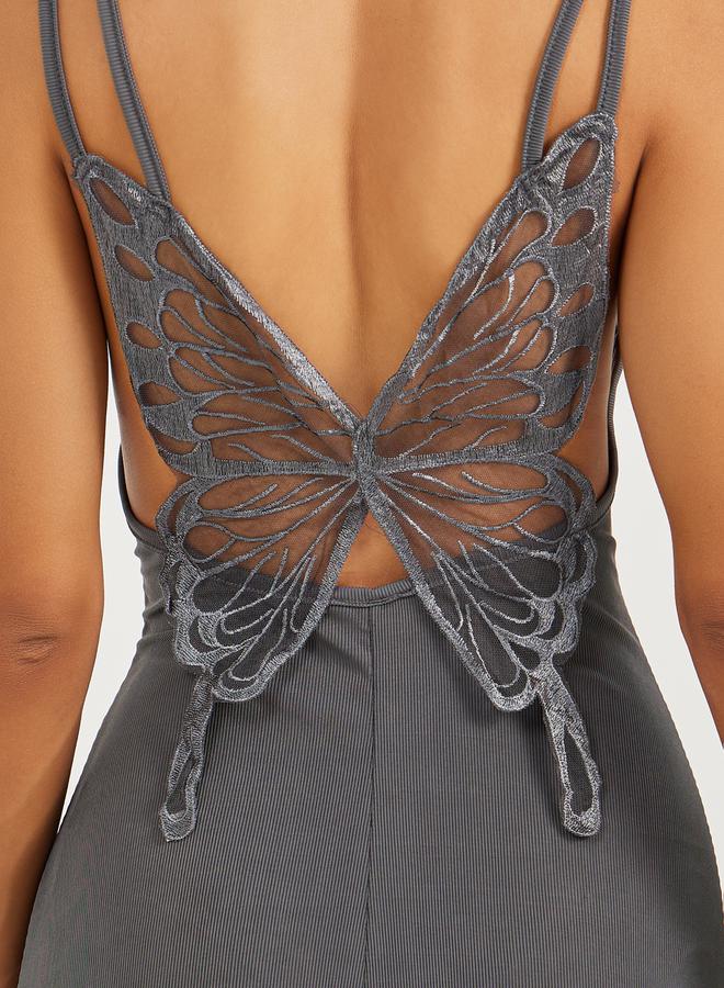Styli Lace Butterfly Back Detail Ribbed Slip Dress  - Image 5