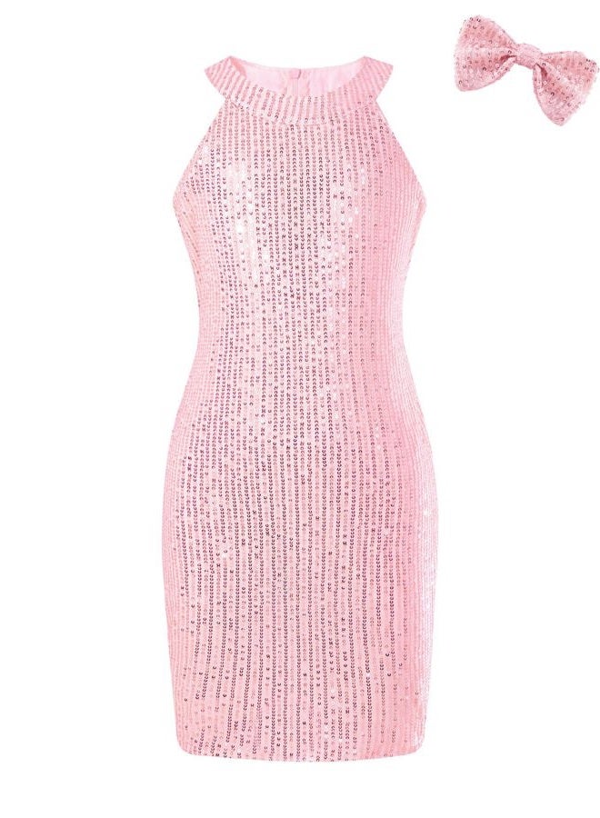 EXARUS Girls Halter Neck Sparkly Sequin Dresses Sleeveless A-Line/Bodycon Dress for Girl Formal Special Occasion 6-14Y, Pink Bodycon, 10 Years - Image 1
