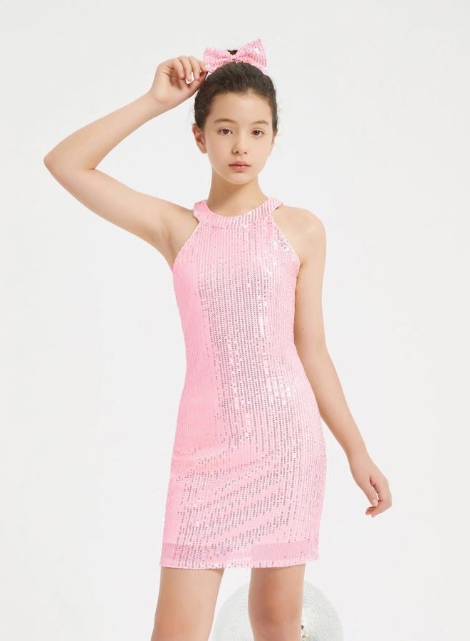 EXARUS Girls Halter Neck Sparkly Sequin Dresses Sleeveless A-Line/Bodycon Dress for Girl Formal Special Occasion 6-14Y, Pink Bodycon, 10 Years - Image 3