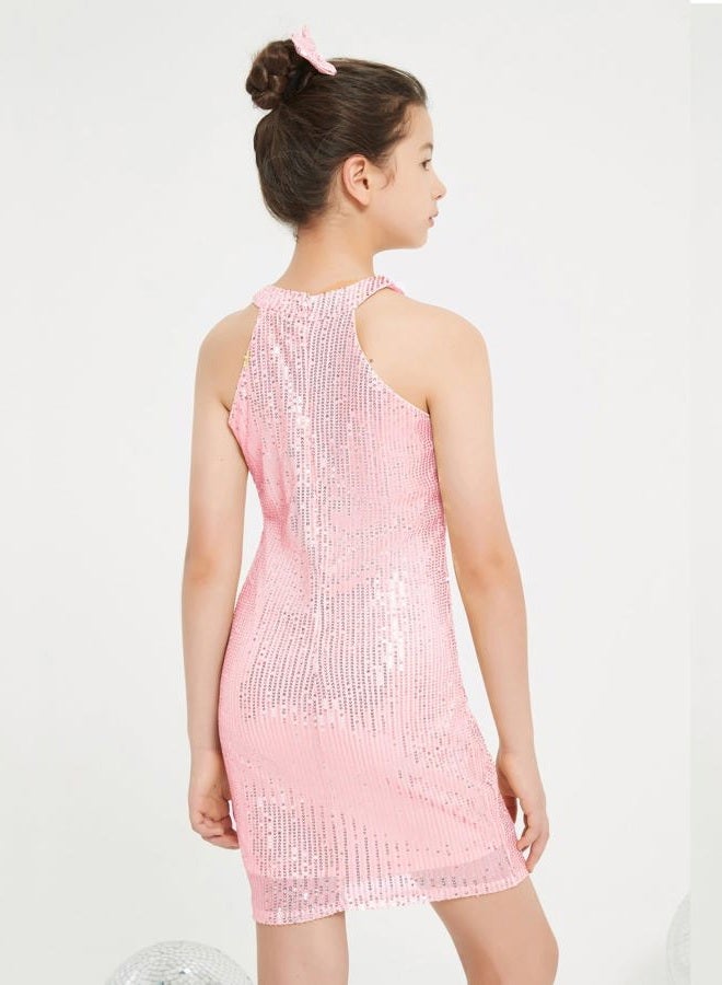 EXARUS Girls Halter Neck Sparkly Sequin Dresses Sleeveless A-Line/Bodycon Dress for Girl Formal Special Occasion 6-14Y, Pink Bodycon, 10 Years - Image 4