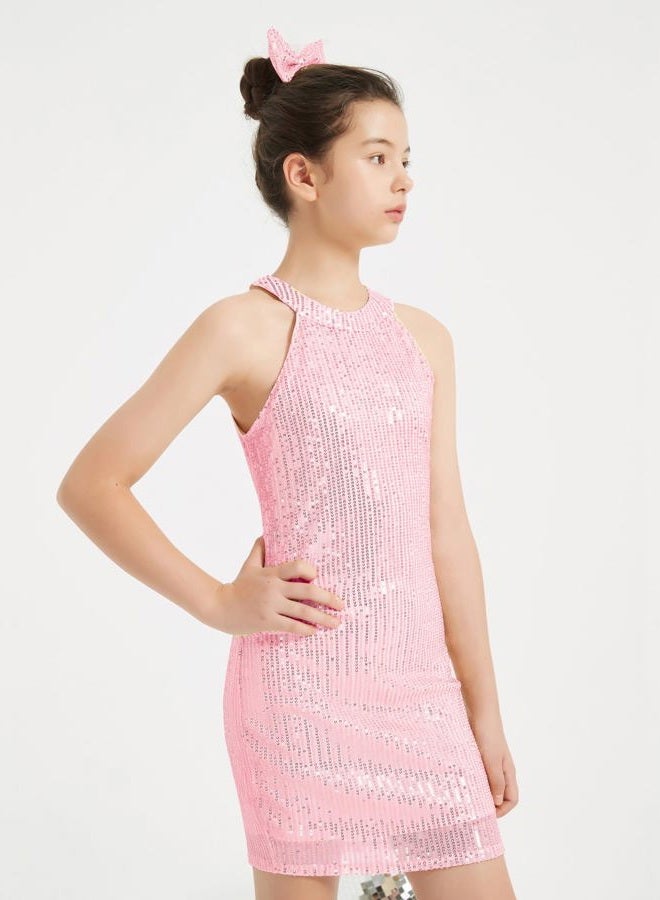 EXARUS Girls Halter Neck Sparkly Sequin Dresses Sleeveless A-Line/Bodycon Dress for Girl Formal Special Occasion 6-14Y, Pink Bodycon, 10 Years - Image 2