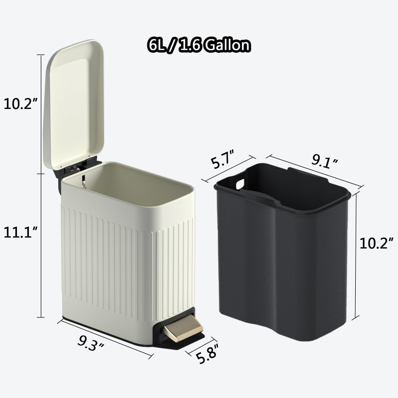 CEROELDA Small Bathroom Trash Can with Lid Soft Close-6L/1.6 Gal Slim Step Garbage Can-Metal Pedal Wastebasket-Narrow Rectangle Garbage Container Bin for Corner Office, Bedroom, Toilet, Live Room-Beige - Image 5