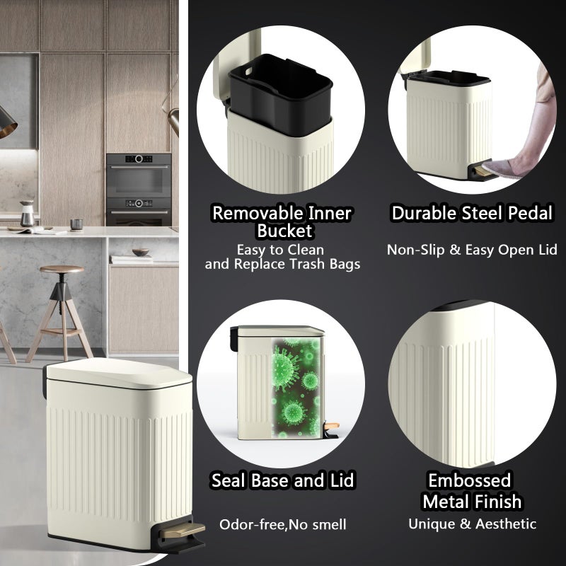 CEROELDA Small Bathroom Trash Can with Lid Soft Close-6L/1.6 Gal Slim Step Garbage Can-Metal Pedal Wastebasket-Narrow Rectangle Garbage Container Bin for Corner Office, Bedroom, Toilet, Live Room-Beige - Image 4
