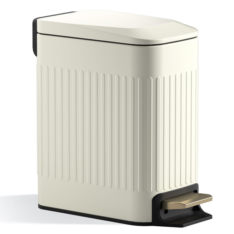 CEROELDA Small Bathroom Trash Can with Lid Soft Close-6L/1.6 Gal Slim Step Garbage Can-Metal Pedal Wastebasket-Narrow Rectangle Garbage Container Bin for Corner Office, Bedroom, Toilet, Live Room-Beige - Image 1