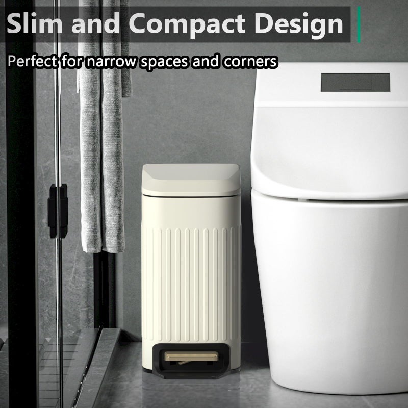 CEROELDA Small Bathroom Trash Can with Lid Soft Close-6L/1.6 Gal Slim Step Garbage Can-Metal Pedal Wastebasket-Narrow Rectangle Garbage Container Bin for Corner Office, Bedroom, Toilet, Live Room-Beige - Image 2