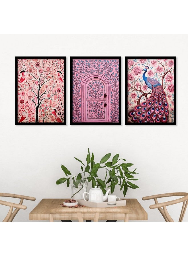 ARTELLY Madhubani Wall Painting For Living Room Bedroom Frames For Wall Decor - Painting for Wall Decoration - Traditional Framed Wall Art (Set of 3) (Medium, ART 6) - Image 1