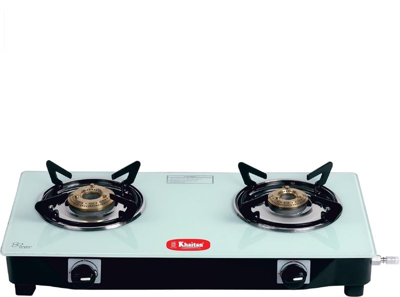 Khaitan 2 Burner Nano White Toughened Glass LPG Cooktop I Manual Ignition | Ergonomic Knob | with 1 Year Warranty Pan India Service LP Gas Stove ISI Approved (White) (2 Burner) - Image 1