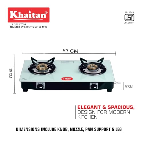 Khaitan 2 Burner Nano White Toughened Glass LPG Cooktop I Manual Ignition | Ergonomic Knob | with 1 Year Warranty Pan India Service LP Gas Stove ISI Approved (White) (2 Burner) - Image 2