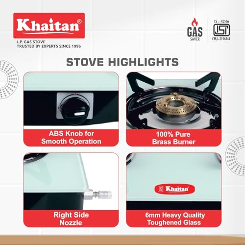 Khaitan 2 Burner Nano White Toughened Glass LPG Cooktop I Manual Ignition | Ergonomic Knob | with 1 Year Warranty Pan India Service LP Gas Stove ISI Approved (White) (2 Burner) - Image 4