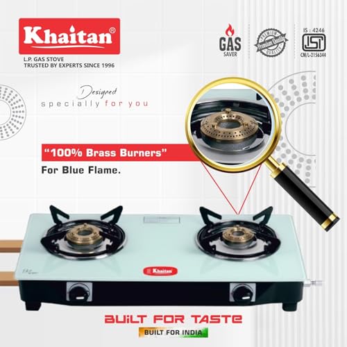 Khaitan 2 Burner Nano White Toughened Glass LPG Cooktop I Manual Ignition | Ergonomic Knob | with 1 Year Warranty Pan India Service LP Gas Stove ISI Approved (White) (2 Burner) - Image 5