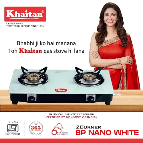 Khaitan 2 Burner Nano White Toughened Glass LPG Cooktop I Manual Ignition | Ergonomic Knob | with 1 Year Warranty Pan India Service LP Gas Stove ISI Approved (White) (2 Burner) - Image 3